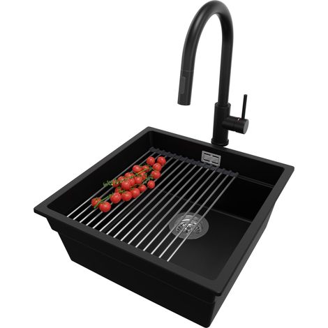 PRIMAGRAN Evier Cuisine en Granit 46x47cm, Lavabo 1 bac + Robinet 40x20cm + Kit de Vidage + Accessoire, Évier à Encastrer au meuble 50cm - Prague Slim, Noir (1/5)