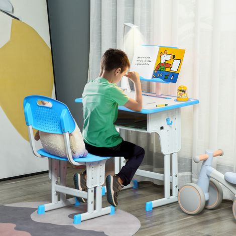 Bureau enfant réglable 6-12 ans avec chaise - mobilier scolaire fonctionnel - acier et MDF - lampe et tiroir - couleur bleue