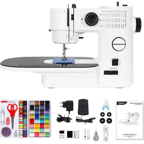Todeco – Machine à coudre électrique 39 points – Table d’extension amovible – Double aiguille et double fil – Kit couture inclus – Pour tissus épais et délicats