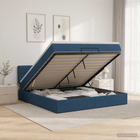 Cama tipo otomana con colchón y LED Azul 160 x 200 cm Tela (1/5)