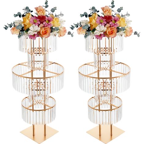 Lot de 2 supports à fleurs en métal à 5 niveaux, présentoir décoratif doré avec pendentifs cristal, centres de table de mariage, pour banquet, fête, événement et réception (110 cm hauteur, base carrée (1/5)