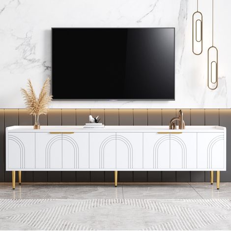 Mobile TV 170x35x47,5 cm bianco con 4 ante texturizzate, maniglie e gambe in metallo dorato (1/5)