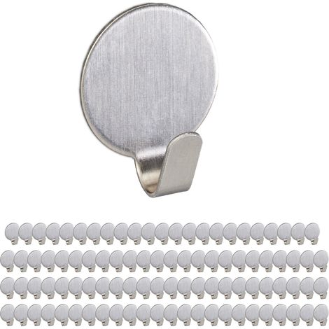 Relaxdays 96x Adhesive Towel Hooks, Round, Stainless Steel, Matt, No Drilling, Bathroom & Kitchen, 2.5x2x1.5 cm, Silver
