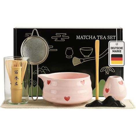 Roxlin Matcha Set (7-teilig) Keramik, Bambus-Besen, Schale & Zubehör - Herz