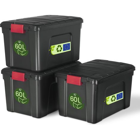 Malle, Boîtes de rangement plastiques, avec couvercle et Cips de fermeture, 60L, Lot de 3, Empilables, Roues, Sans BPA, Grenier, Cabanon, Garage, SIA-60, Noir (1/5)