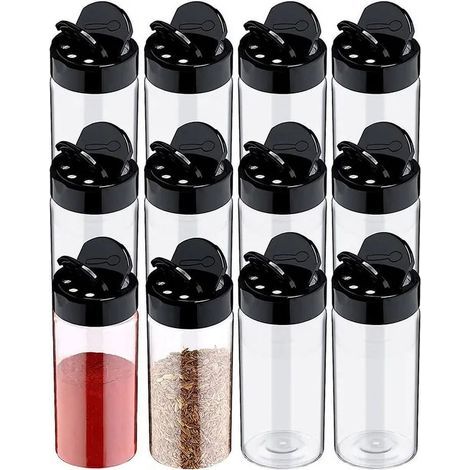 Set mit 12 durchsichtigen Gewürzdosen aus Kunststoff mit Deckel, ideal zur Aufbewahrung von Gewürzpulver in der Küche. (1/5)