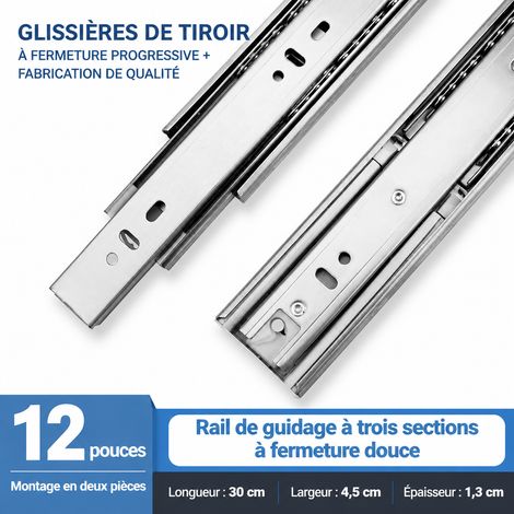 Glissière de tiroir télescopique 3 sections inox amorti 30 cm acier inoxydable 12 30cm 30 × 1 × 1 cm 686 g – Livraison gratuite