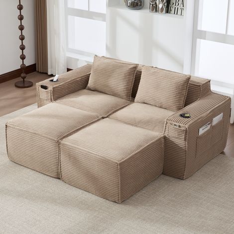 Divano modulare a 2 posti 188x162x75 cm, con portabicchieri e tasche laterali, cuscini schienale, corduroy khaki (1/5)