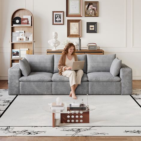 260cm Sofá nubes de tela de pana, diseño de doble capa, tapicería desmontable, sin requisitos de montaje – ideal para salas de estar, dormitorios, salas de conferencias y apartamentos en tonos de gris (1/5)