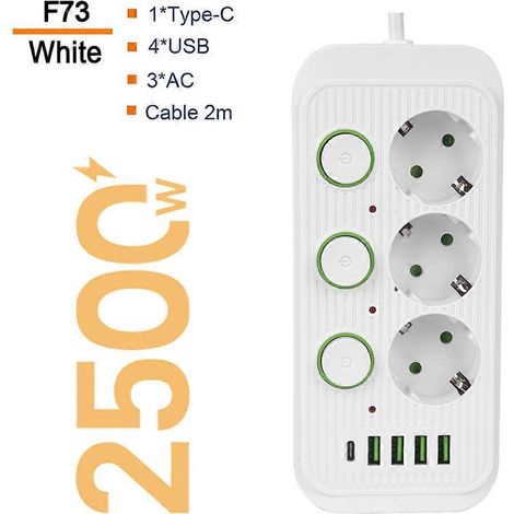 Multiprise secteur avec port USB, multiprise, rallonge, protection contre les surtensions, filtre réseau, prise F73, blanche. (1/4)