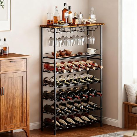 Étagère à vin à fond autonome pour 30 bouteilles, support à vin en métal avec support en verre et plateau de table pour cuisine, bar, cave, salle à manger, 72 x 29,8 x 116 cm (1/5)