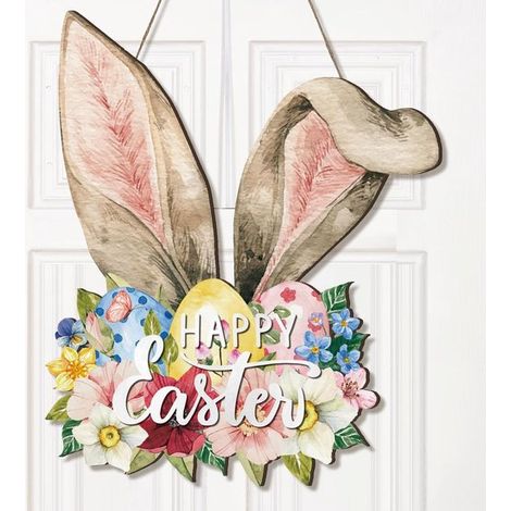 Couronne de Pâques décorative pour porte - 30 x 25 cm - plaque de Pâques en bois - plaque de porte à suspendre - printemps - boulangerie (1/5)