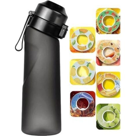 Gourde Sport-650ml Étanches Gourde Paille,7 Capsules Aromatisées,Pods Parfumés Pour Eau Aromatique 0 Sucre,idéale Pour L'école,La Salle De Sport, Les Voyages Gym (Black) (1/5)