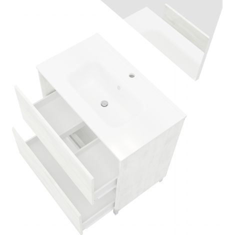 Bodenstehender Badezimmerschrank 80 cm aus weißem Eichenholz mit Waschbecken und Spiegel – Francia - mit Kolonne Spiegel und LED Lampe (1/5)
