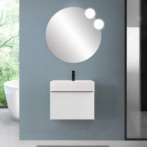 Mobile bagno sospeso 70 cm bianco opaco con un cassetto e lavabo alto in resina Nara (1/5)