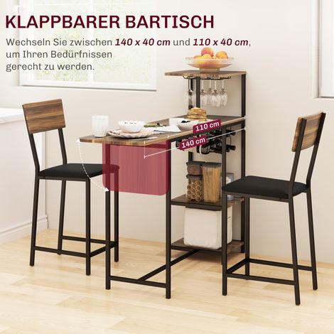 Ensemble table haute et tabourets 3 pièces : table bar, 2 chaises, casier bouteilles, porte-verres, étagères ouvertes, repose-pieds, teinte marron (1/4)
