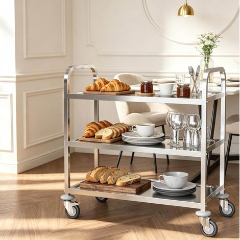 Carro de cocina de 3 niveles con ruedas, acero inoxidable cromado, 90,5 x 50,5 x 88,2 cm DESVIAE (1/5)
