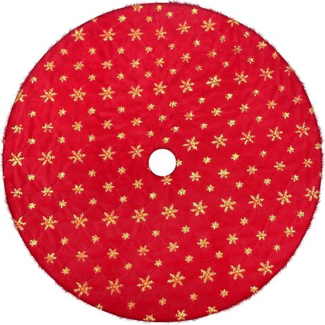 Couvre-sapin de Noël en fausse fourrure, tapis de sapin rouge de 122 cm avec broderie de flocons de neige dorés, idéal pour la décoration de Noël, d'hiver et du Nouvel An. (1/4)