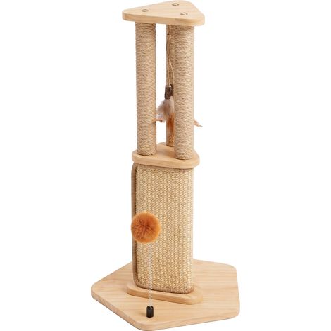 Griffoir tube à gratter pour chat 67 cm - Base 35 cm x 35 cm - Balle de jeu incluse et Pendentif en plumes (1/5)