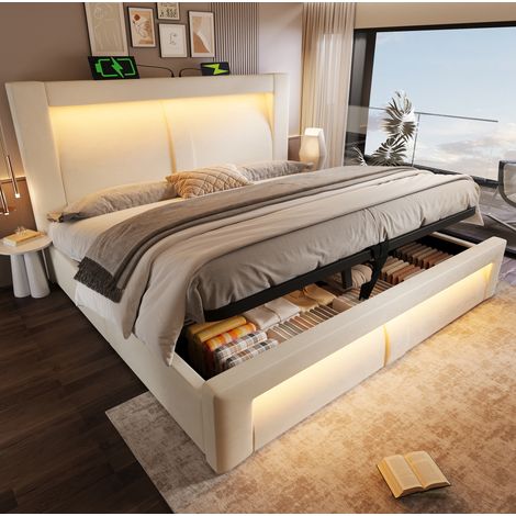 lit adulte rangement coffre 140x200 velours LED beige HAVRYA (1/5)