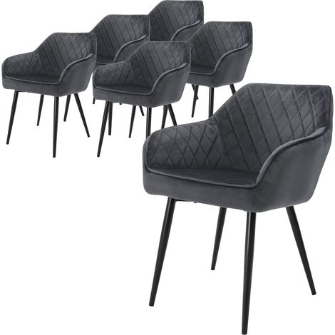 ML-Design Set di 6 Sedie da Sala da Pranzo con Braccioli e Schienale Rivestimento in Velluto Antracite Sedia da Cucina Imbottita con Gambe in Acciaio Poltrona per Soggiorno Salotto Design Elegante