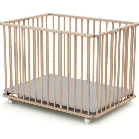 Les Tendances – Parc pliant bébé 70 x 100 cm – En hêtre brut – Fond réglable 3 hauteurs – Tapis lessivable – Jusqu'à 24 mois (1/4)