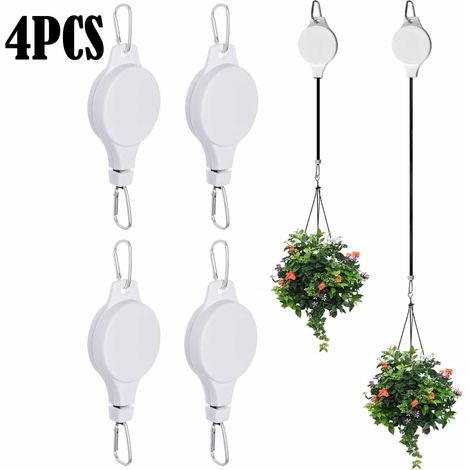 Lot 4 poulies rétractables pour plantes, suspension facile, hauteur réglable, robuste, pour paniers jardin, pots, mangeoires oiseaux - Blanche (1/5)