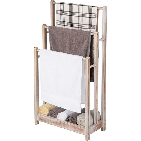 COSTWAY Portasciugamani in Legno da Terra, Porta Asciugamani a 3 Livelli con Mensola Inferiore, Dispositivo Anti-Ribaltamento, Supporto Leggero per Asciugamani da Bagno e Stanza Lavanderia (Bianco) (1/5)