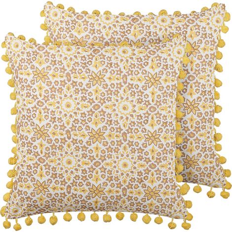 Set of 2 Decorative Cushions LYCROIS Cotton 45 x 45 cm Yellow Floral Pattern