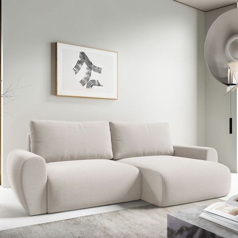 Sofá Cama con Chaise Longue Paullo, Almacenaje, Reclinable, Reversible, 253x153 cm Blanco Crema (1/5)