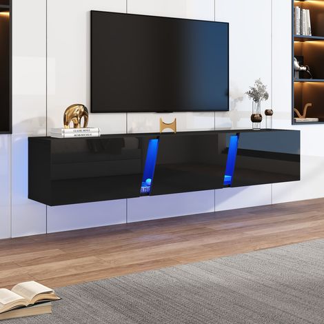 Meuble TV mural longueur 180 x P35 x H30 cm brillant noir éclairage LED trois portes adapté aux téléviseurs 75 pouces meuble bas et support télé (1/4)