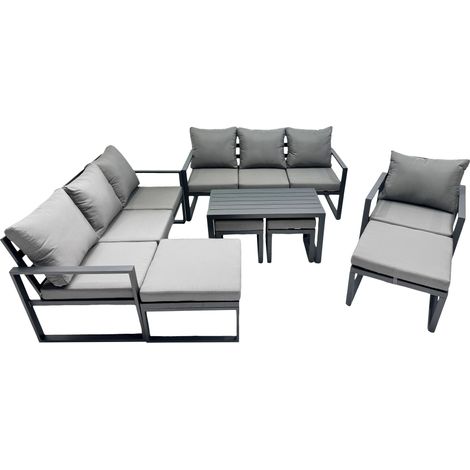 Fimous Outdoor Garden Furniture Set Aluminium Lounge 3 Seat Sofa Oblong Coffee Table Sets with Chair 4 Stools Dark Grey (1/5)