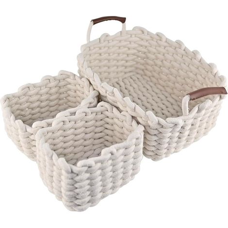 TRADE SHOP - Set 3 Cestini Intrecciati In Corda Cesto Portaoggetti Organizza Decora Casa 10634 - (1/5)
