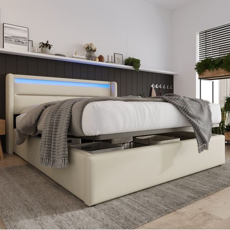 Letto con contenitore in PU bianco 160x200 cm, testiera con LED e rete a doghe sollevabile (1/5)