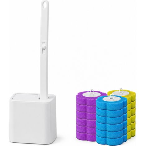 Brosse WC Jetable Blanche avec Support Mural, Couvercle Automatique et Têtes de Rechange (1/5)