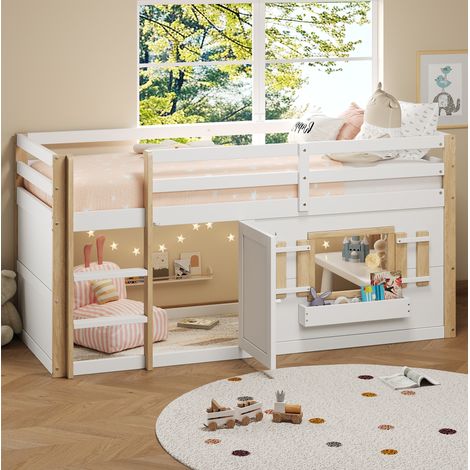 Cama alta infantil de madera maciza y MDF blanco, 90x200 cm, con escalera y somier de láminas incluidos. (1/5)