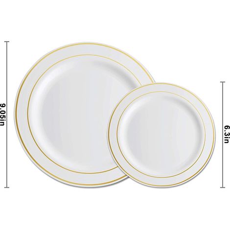50 Assiettes en plastique, 25 assiettes 16 cm, 25 assiettes 23 cm, bordure dorée ou argentée, pour fête (1/5)