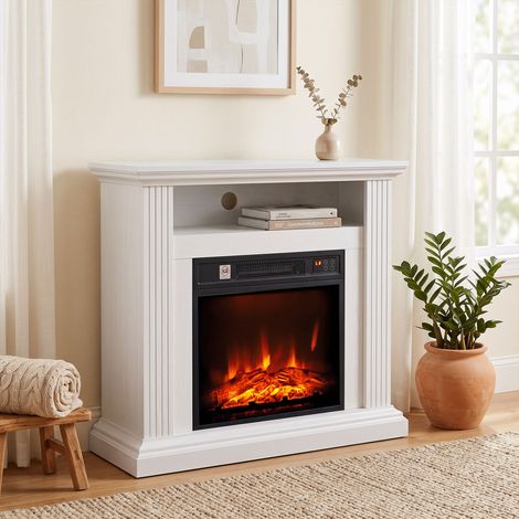 Cheminée Électrique 1800 W, Effet Flamme à 3 Niveaux de Luminosité, Fausse Cheminée avec Manteau, Effet Bois Blanc (1/5)