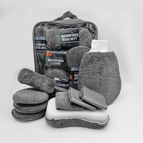 Autoreinigungsset, inklusive Reifenbürste, 11-teiligem Set, Polierpads, Schwamm, Mehrzwecktüchern, weicher Innenraumbürste, Grau