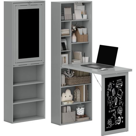 Wandmontierter Klapptisch mit Stauraum, Bücherregal, Arbeitsplatz, Tafel und verstellbarem Regal.