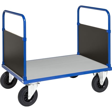 Kongamek Plattformwagen in blau 1000x700x900mm mit verzinkter Ladefläche, 2 Seitenwänden, Gummibereifung und Bremse