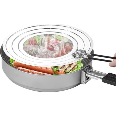 Protector antisalpicaduras para cocina, apto para sartenes con diámetros de 20, 24 y 28 cm, con mango plegable. (1/5)