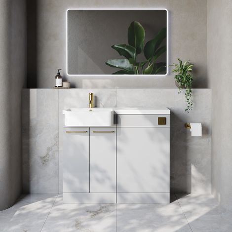 Napoli 250 Gloss Grey Pearl 1000mm 2 Door Vanity Unit Toilet Suite with Left Hand Round Rico Semi Recessed Basin - 1000mm - Brushed Brass 160mm HandleWithout Kingston Toilet Pan