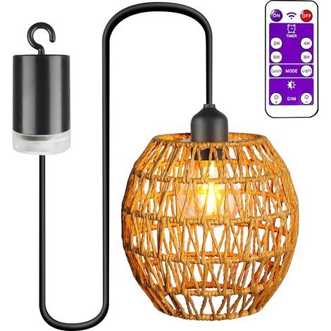 Suspension avec batterie et télécommande : suspension en rotin sans fil avec minuterie. suspension vintage pour balcon. terrasse. chambre à coucher. plafonnier décoratif sans électricité. câble (1/5)