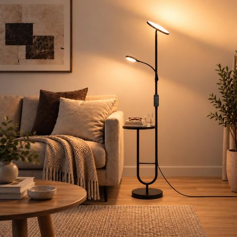 Lampadaire LED avec table, 36W + 7W dimmable avec télécommande, tête orientable, 2700K–6500K, lampe sur pied moderne noire pour salon, séjour et bureau (1/5)