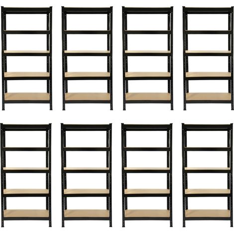 8 Estanterías Metálicas Negras T-Rax Sin Tornillos 75x150x30cm de 5 Estantes Baldas Repisas Capacidad Peso 150kg por Estante Almacenamiento Almacenaje Herramientas Taller Garaje Cobertizo Almacén