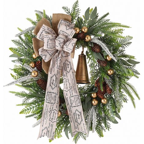 Couronne de Noël artificielle avec cloches et ruban, couronne de Noël verte pour porte, pour maison, mur, fenêtre, porche (45 cm/17,7 po) (1/4)