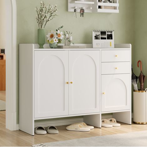 Zapatero de MDF y aglomerado blanco, 3 puertas, 2 cajones, baldas regulables, 120 x 35 x 90 cm (1/5)