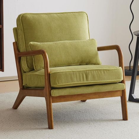 Fauteuil cocktail en velours côtelé vert avec pieds en bois massif (1/5)