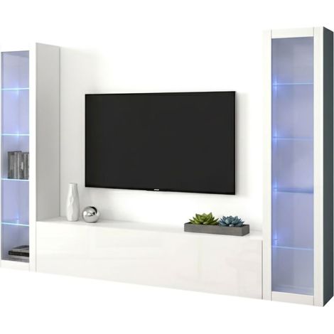 Dmora - Pared Equipada Dduc, Conjunto de salón Mueble de TV con 3 puertas, Mueble de salón polivalente con vitrina y luz LED, 100% Made in Italy, cm 260x30h180, Blanco brillo